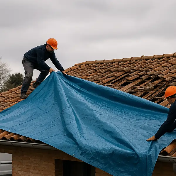 Pose d'une bâche de protection sur toiture après tempête