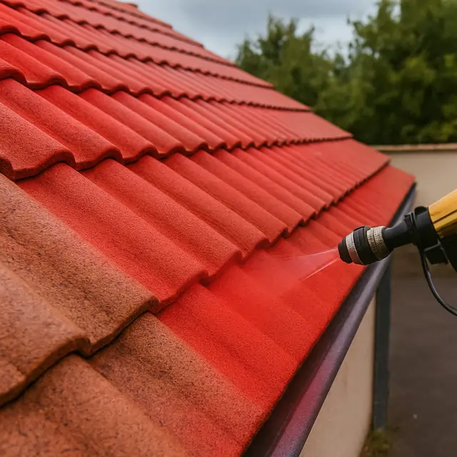 Application d'un hydrofuge coloré rouge basque sur toiture rénovée