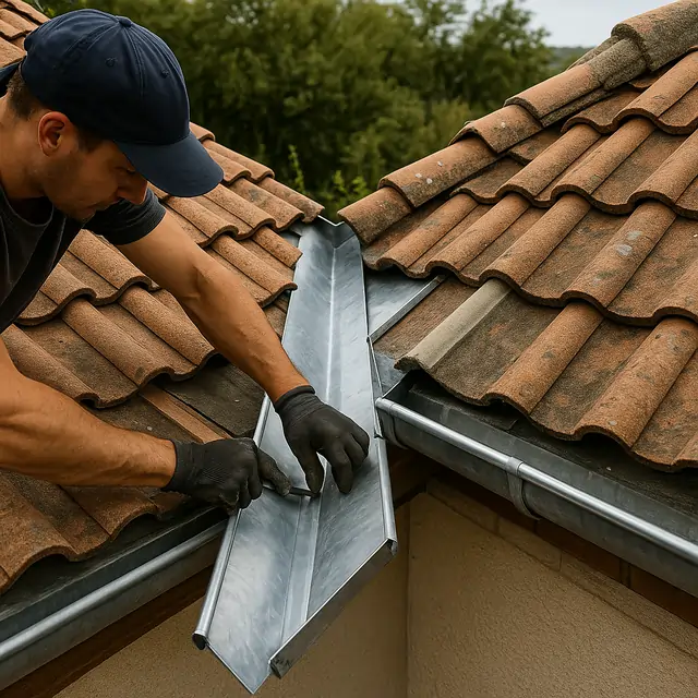 Pose d'une noue zinc prépatiné sur toiture tuiles